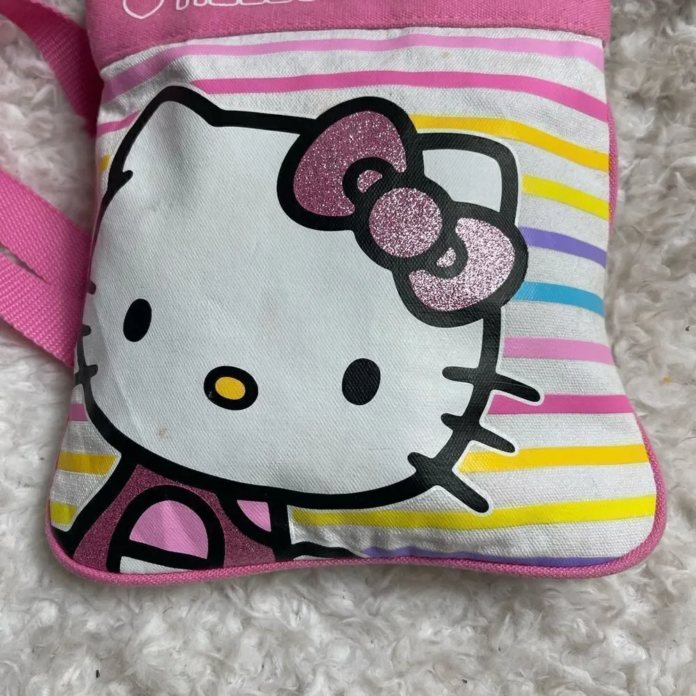 Hello Kitty by Sanrio white&pink canvas multi color pastel stripes crossbody bag